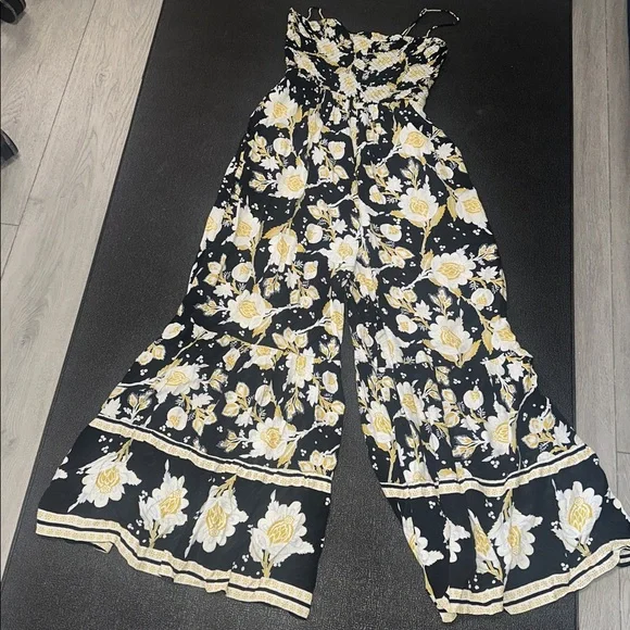 Free People Black Yellow Little of your Love Smocked Floral Jumpsuit size small - Picture 9 of 14
